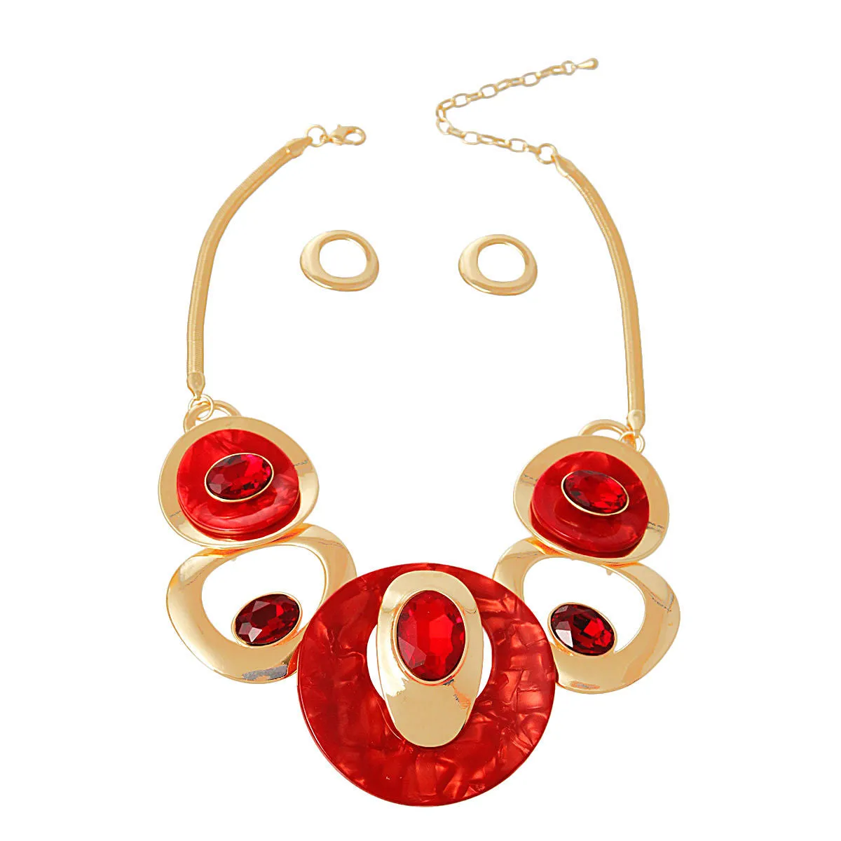 Herringbone Chain Necklace Red & Gold Circular Bib - Women's Fashion Jewelry