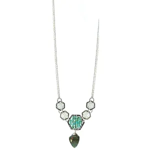 Hexagon Necklace 4915 with White Natural Zircon Australian Opal Turquoise and Labradorite by Michelle Pressler Jewelry