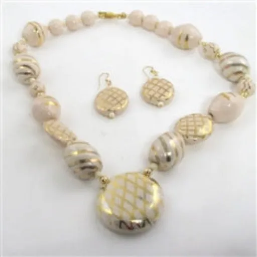 Ivory Handmade Kazuri Fair Trade Bead  Necklace with Pendant & Earrings