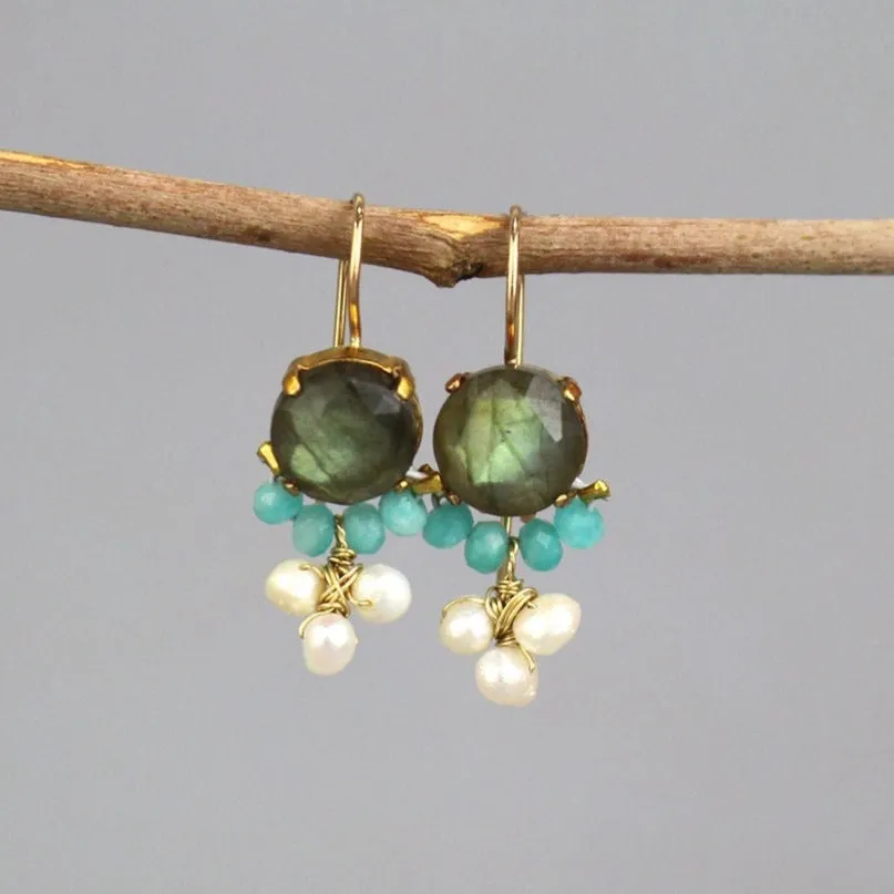 Labradorite Amazonite Clover Earrings