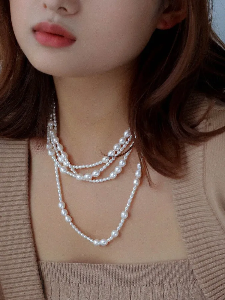 Large and Small Pearls Spliced Extra Long Pearl Necklace-Small Pearl Style