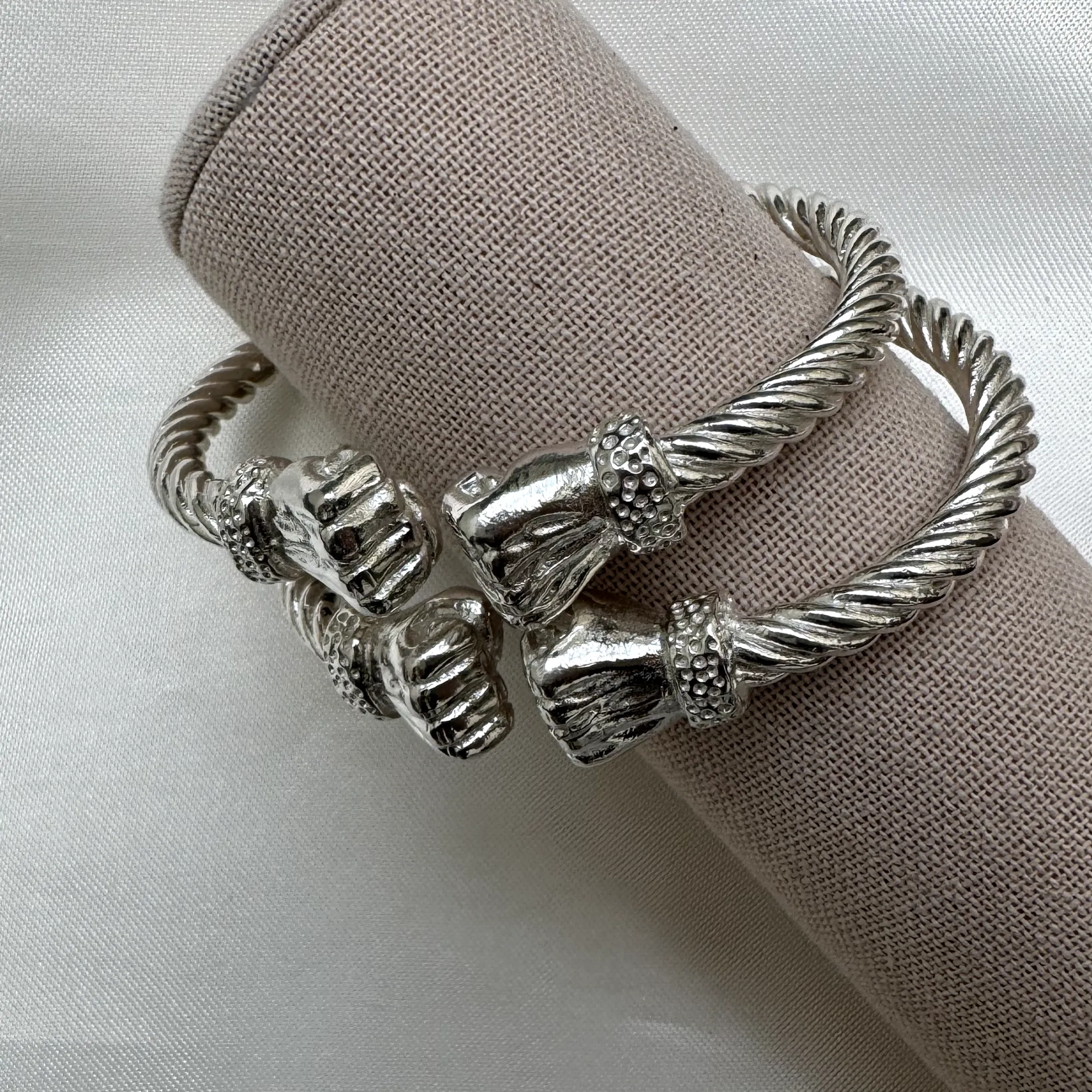 Large Fist Ends Coiled Rope Thick West Indian Bangles .925 Sterling Silver MADE IN USA, 1 pair