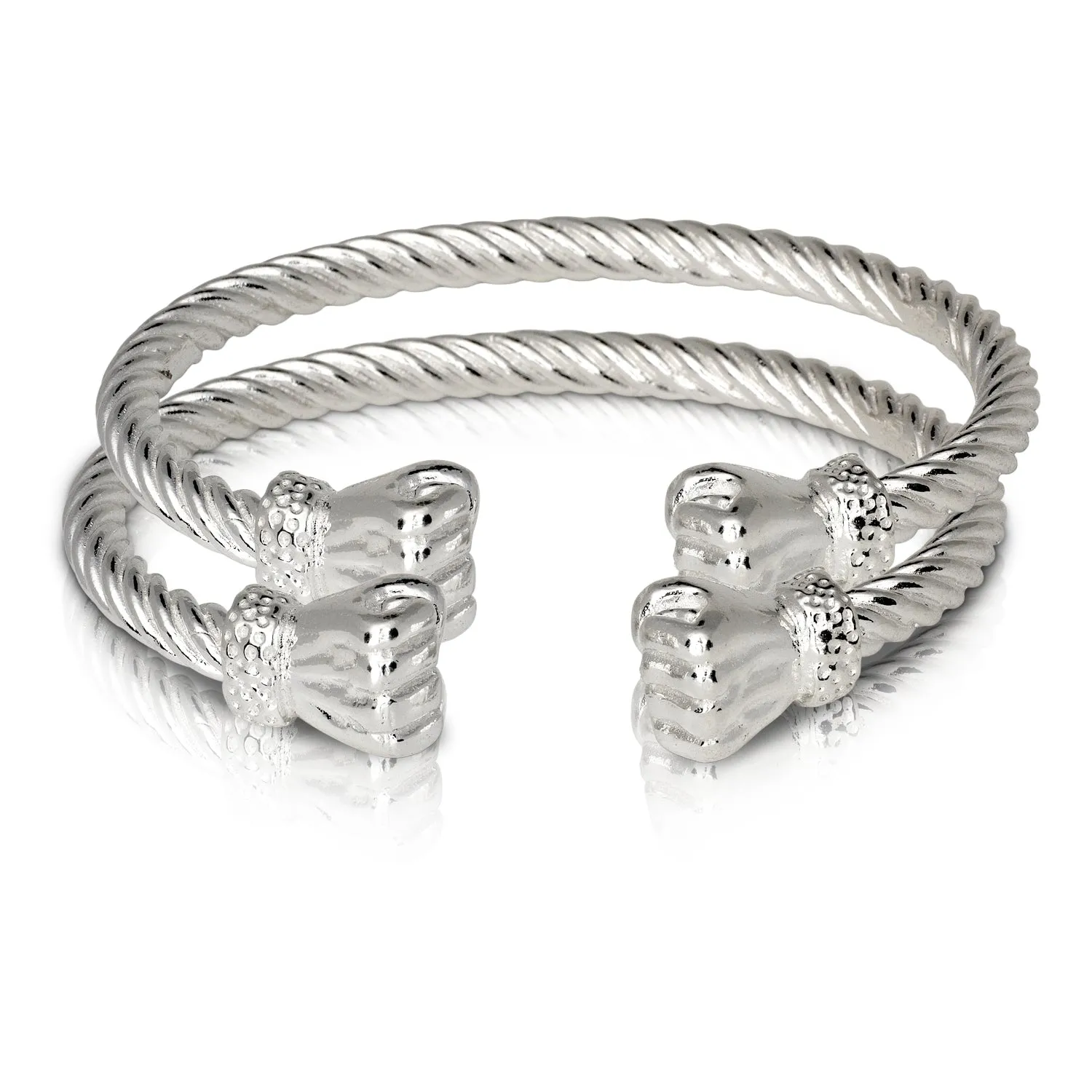 Large Fist Ends Coiled Rope Thick West Indian Bangles .925 Sterling Silver MADE IN USA, 1 pair