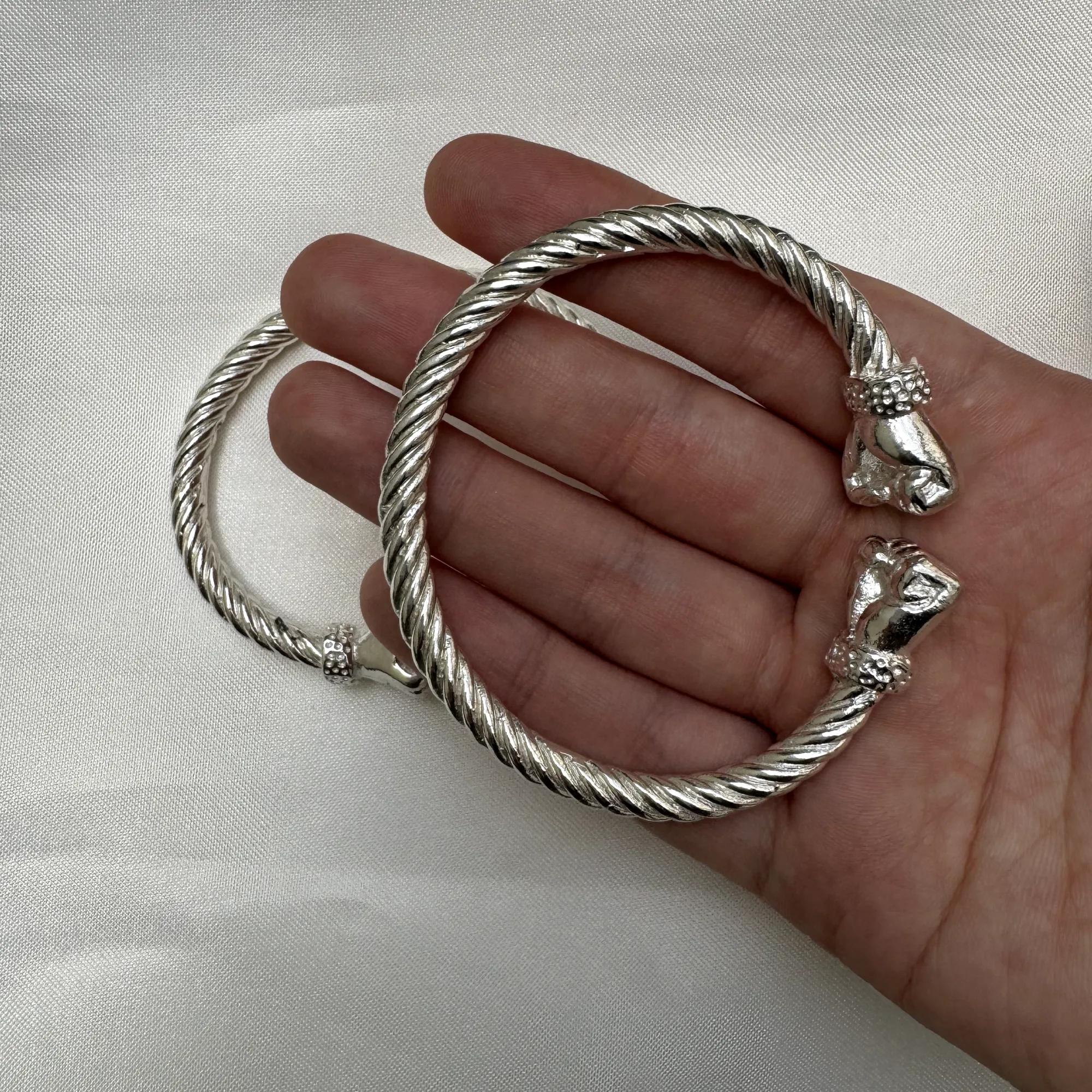 Large Fist Ends Coiled Rope Thick West Indian Bangles .925 Sterling Silver MADE IN USA, 1 pair