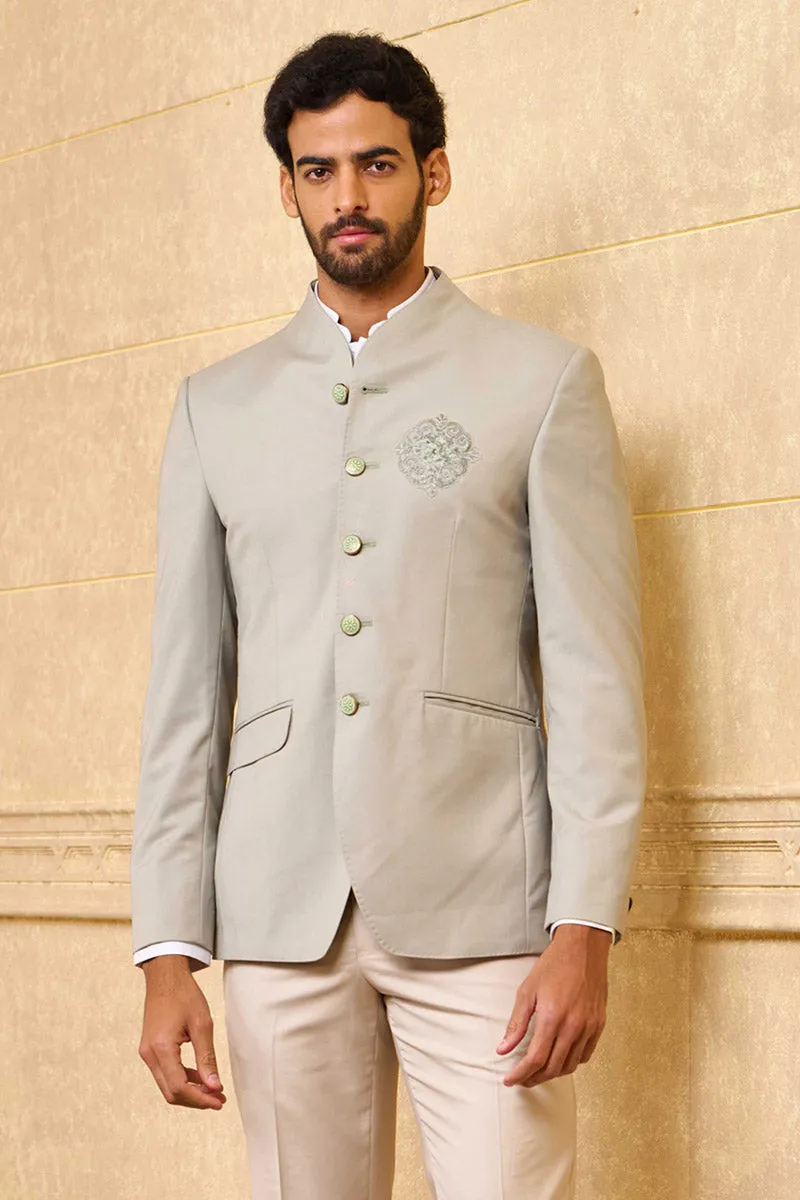 Light Green Bandhgala With Thread Crest Embroidery