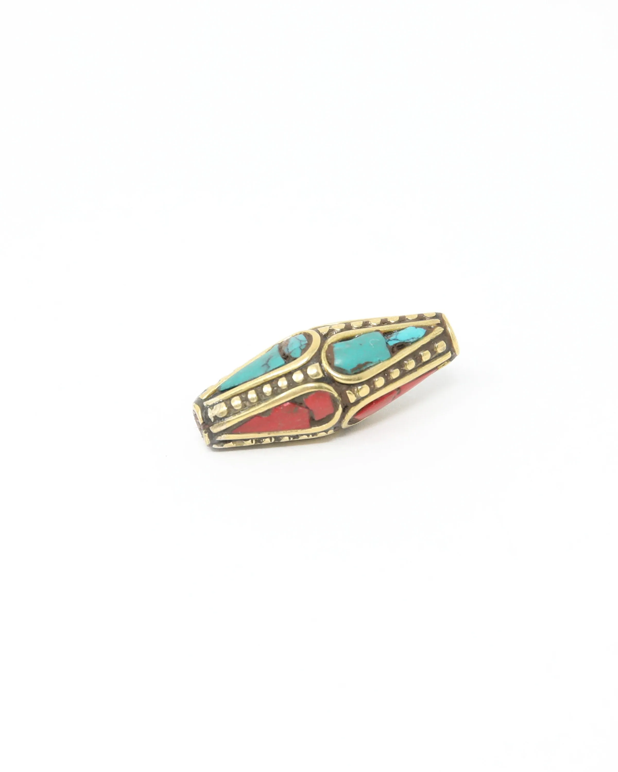 Long Bicone Tibetan Beads with Coral Turquoise Inlaid - N101