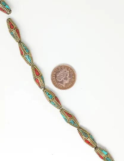 Long Bicone Tibetan Beads with Coral Turquoise Inlaid - N101