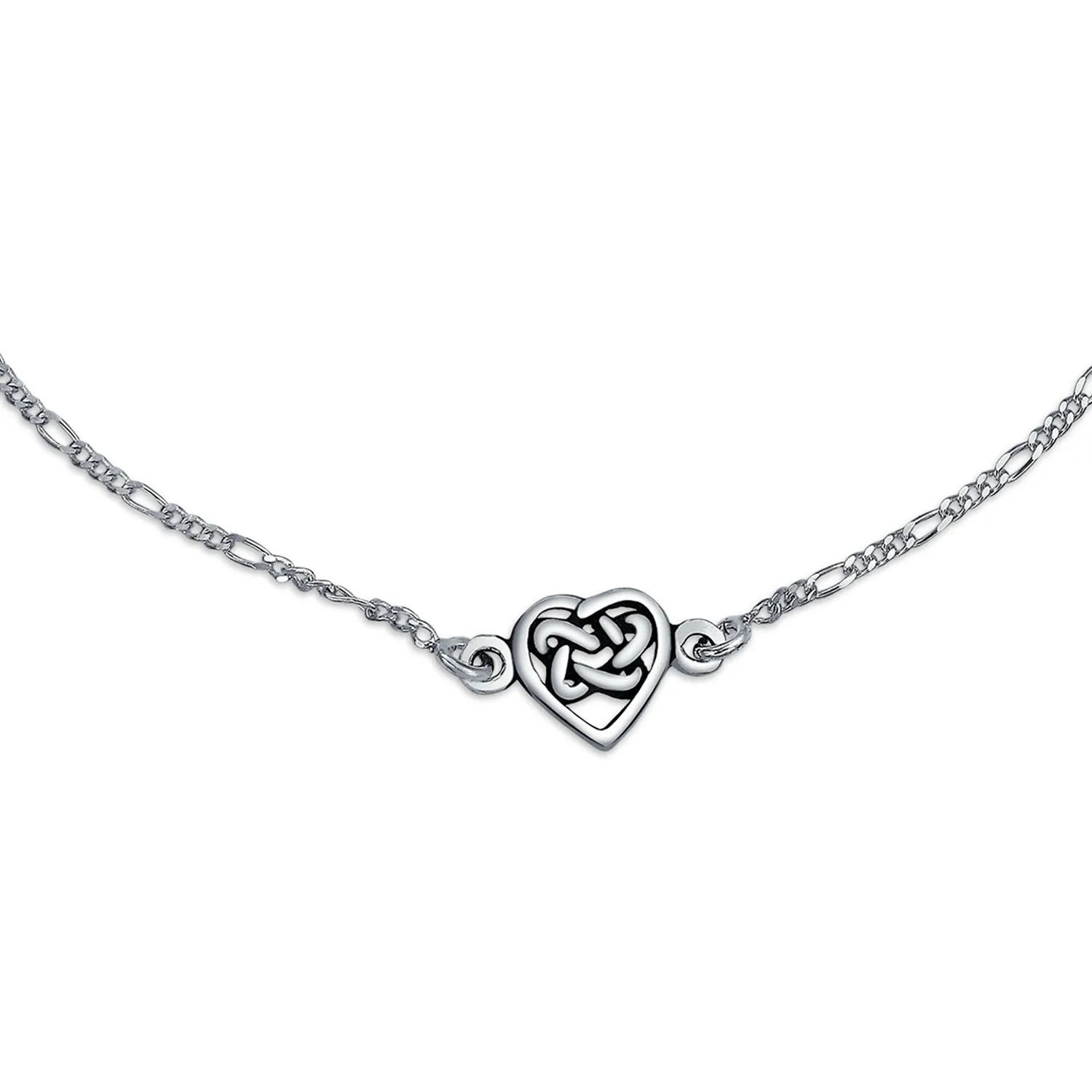 Love Knot Heart Celtic Anklet Ankle Bracelet Figaro Link Sterling Silver