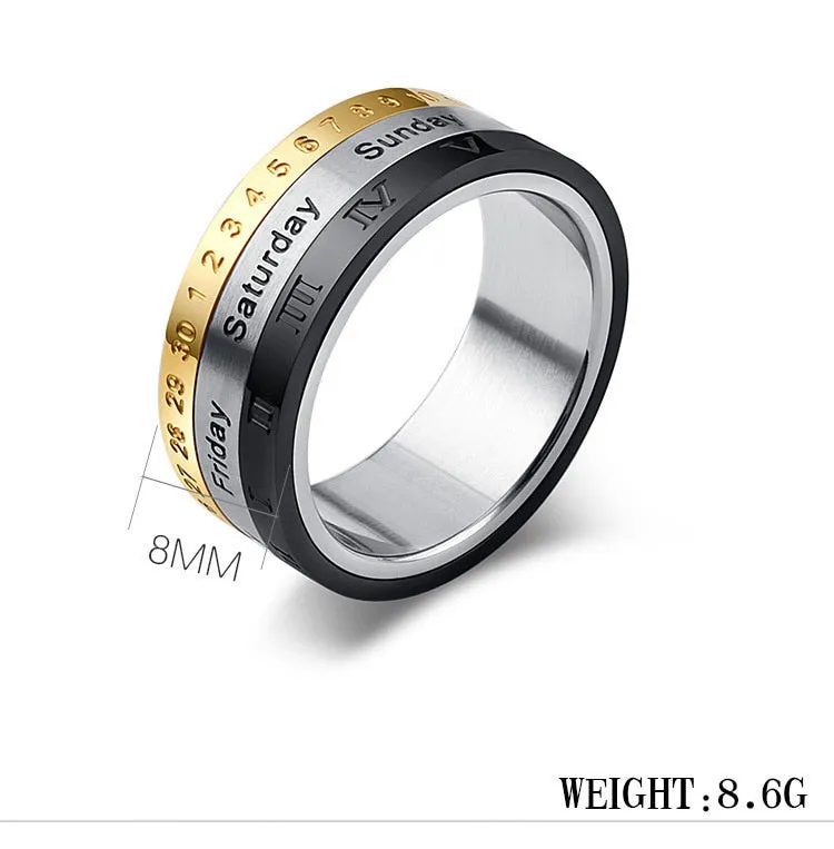 Men's Anxiety Rotatable Calendar Finger Ring with Time , Week and Mood Numerals