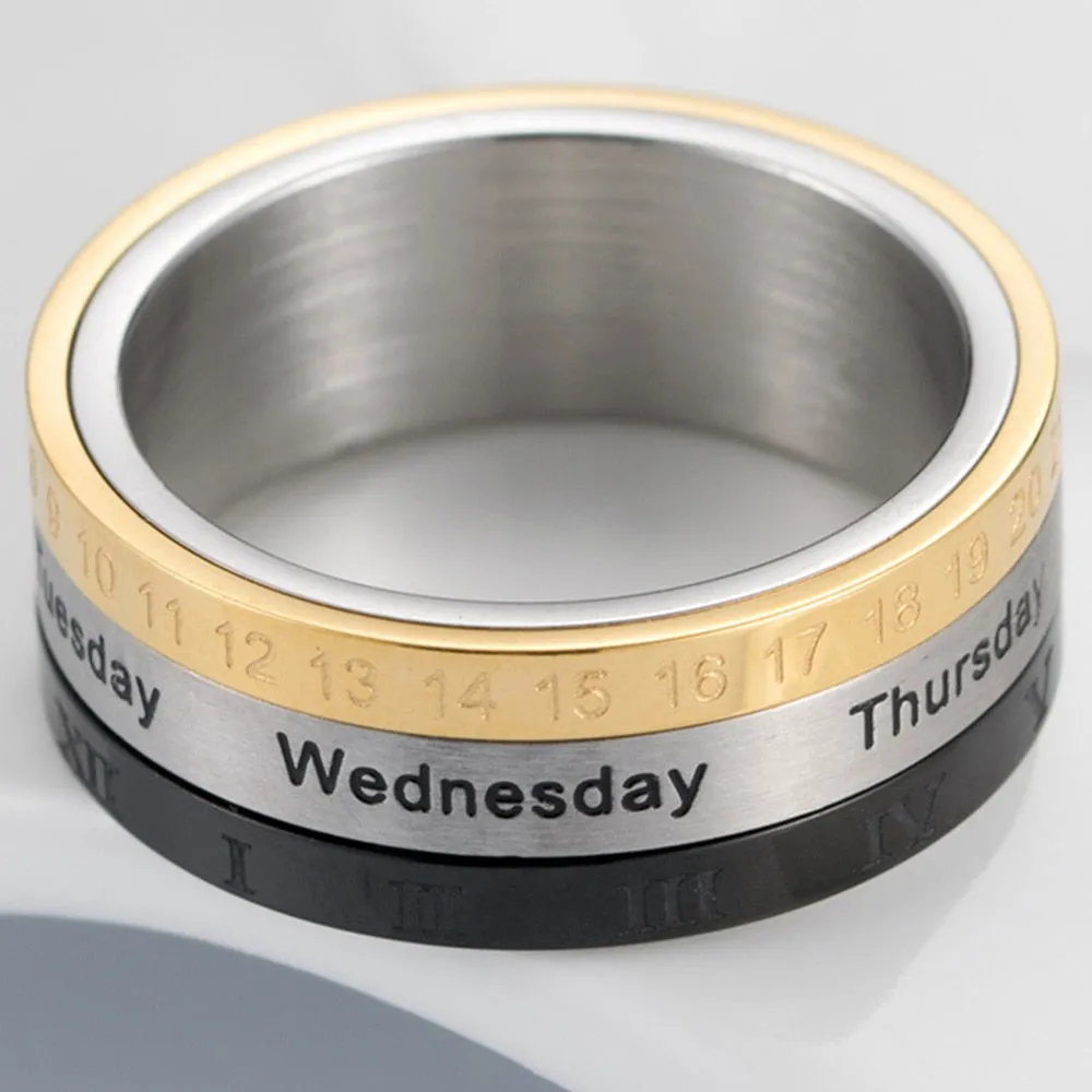 Men's Anxiety Rotatable Calendar Finger Ring with Time , Week and Mood Numerals