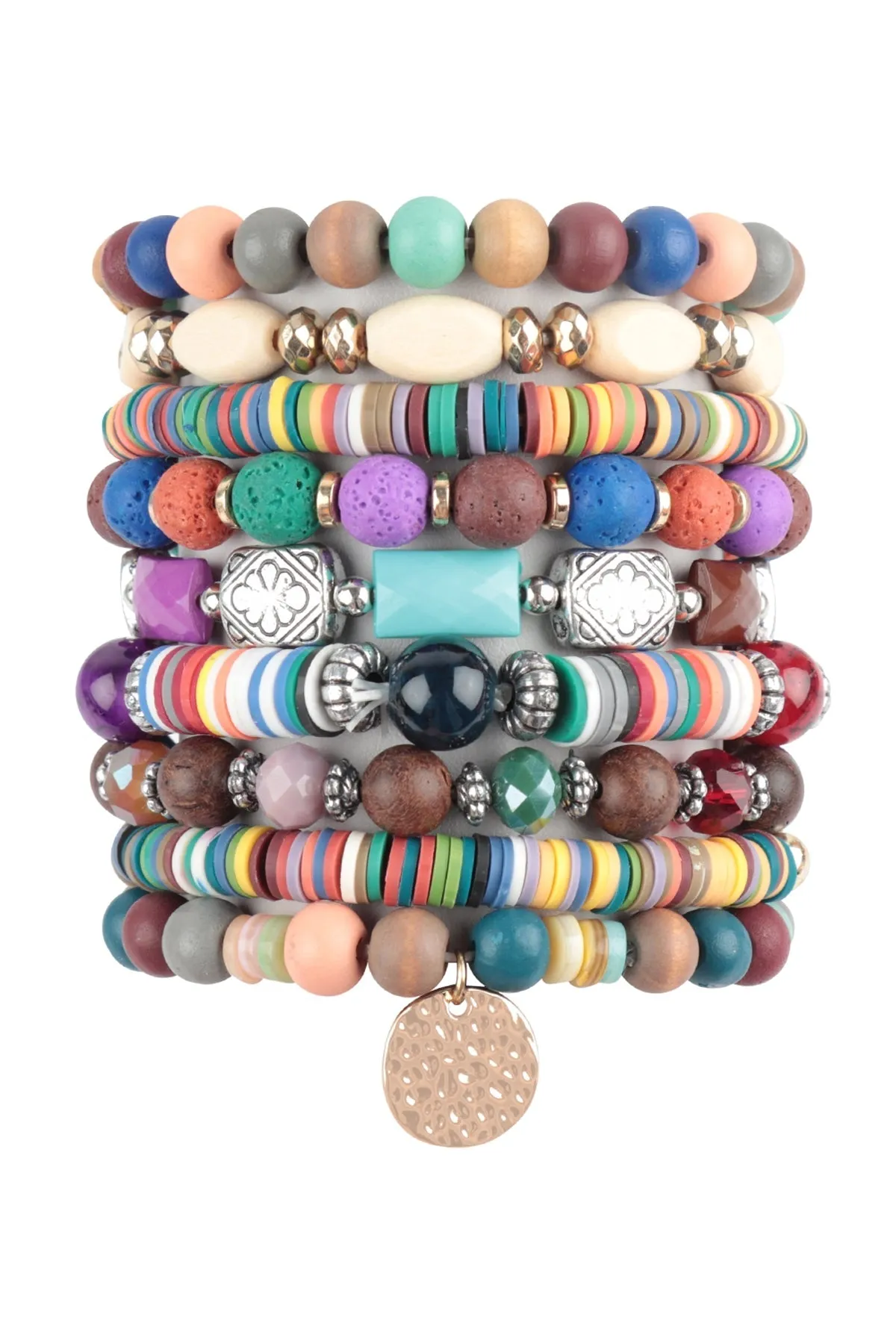 MIX BEADS STONE, FIMO DISK PENDANT LAYERED STACKABLE VERSATILE CHARM BRACELET (NOW $2.00 ONLY!)