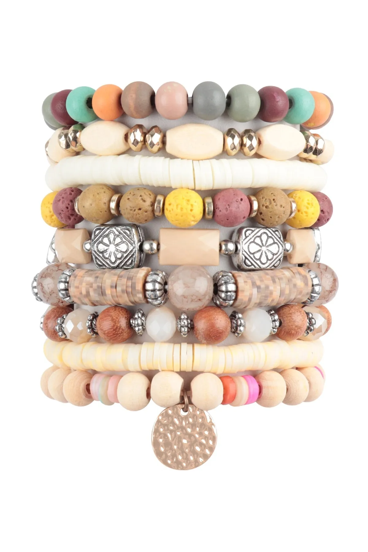 MIX BEADS STONE, FIMO DISK PENDANT LAYERED STACKABLE VERSATILE CHARM BRACELET (NOW $2.00 ONLY!)