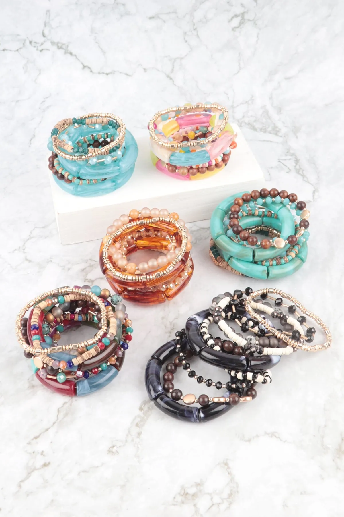 MIX BEADS, TUBULAR, WOOD, RONDELLE, CHARM VERSATILE STRETCH BRACELET/6PCS (NOW $3.00 ONLY!)