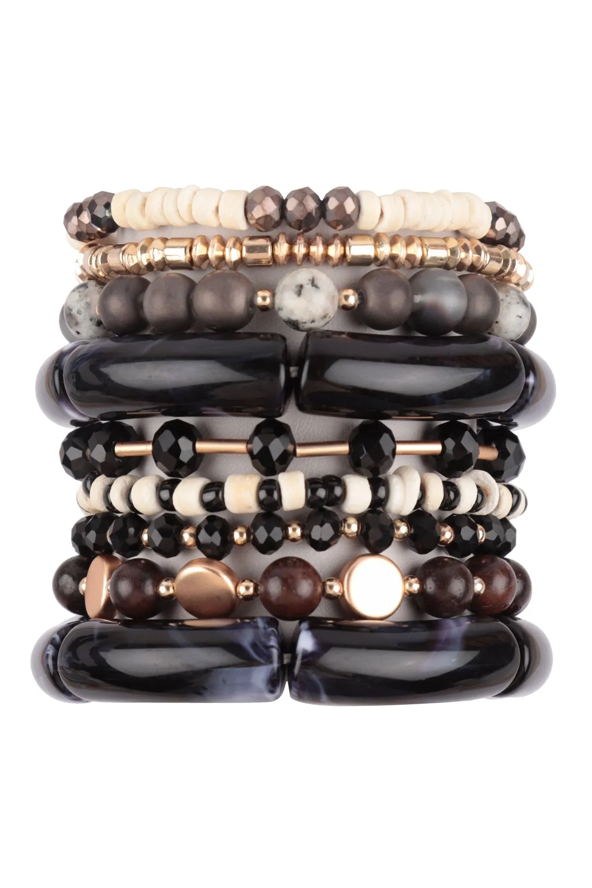 MIX BEADS, TUBULAR, WOOD, RONDELLE, CHARM VERSATILE STRETCH BRACELET/6PCS (NOW $3.00 ONLY!)