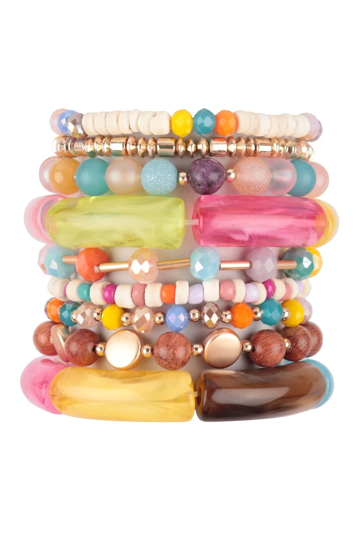 MIX BEADS, TUBULAR, WOOD, RONDELLE, CHARM VERSATILE STRETCH BRACELET/6PCS (NOW $3.00 ONLY!)