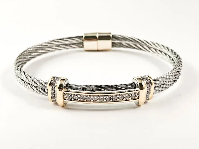 Modern Double Row Wire Band Center CZ Bar Two Tone Magnetic Brass Bracelet Bangle