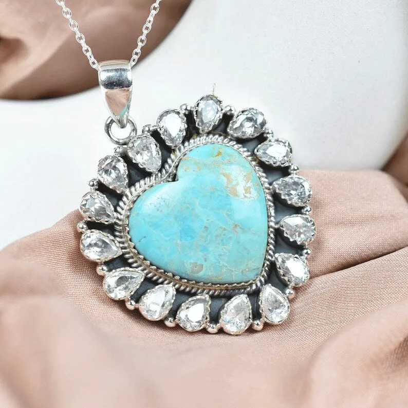 Mohave Turquoise & Cubic Zirconia Native American 925 Sterling Silver Pendant