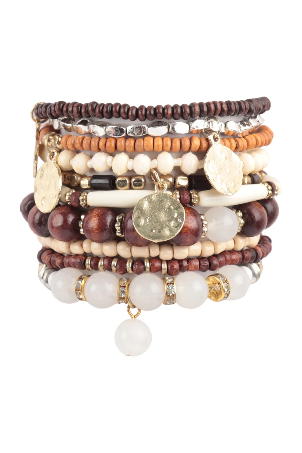 MULTI BEADS WOOD, DISK PENDANT LAYERED STACKABLE VERSATILE CHARM BRACELET