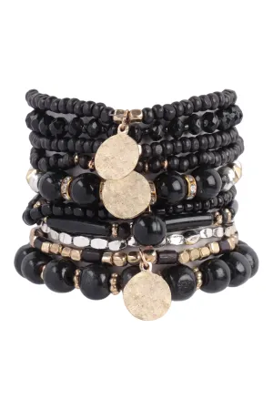 MULTI BEADS WOOD, DISK PENDANT LAYERED STACKABLE VERSATILE CHARM BRACELET