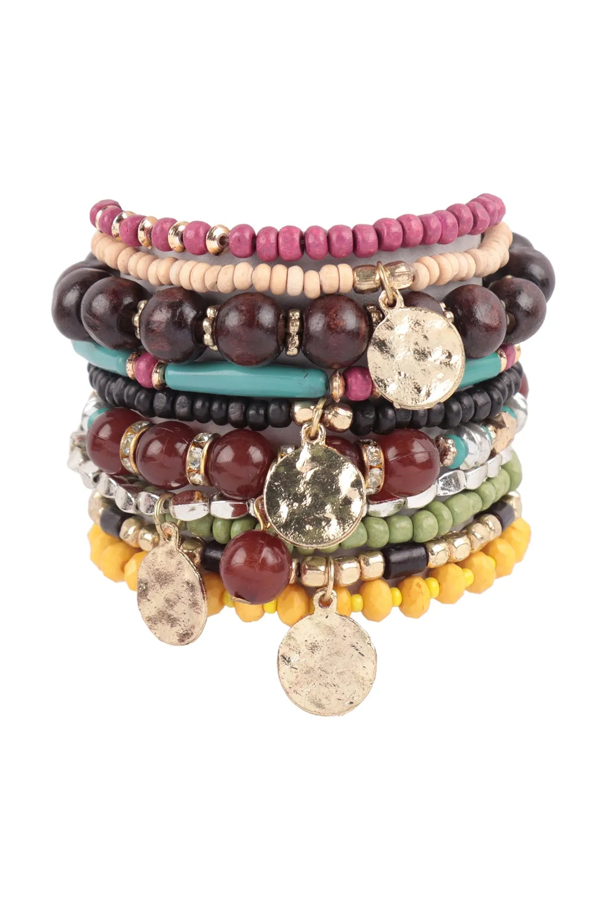 MULTI BEADS WOOD, DISK PENDANT LAYERED STACKABLE VERSATILE CHARM BRACELET