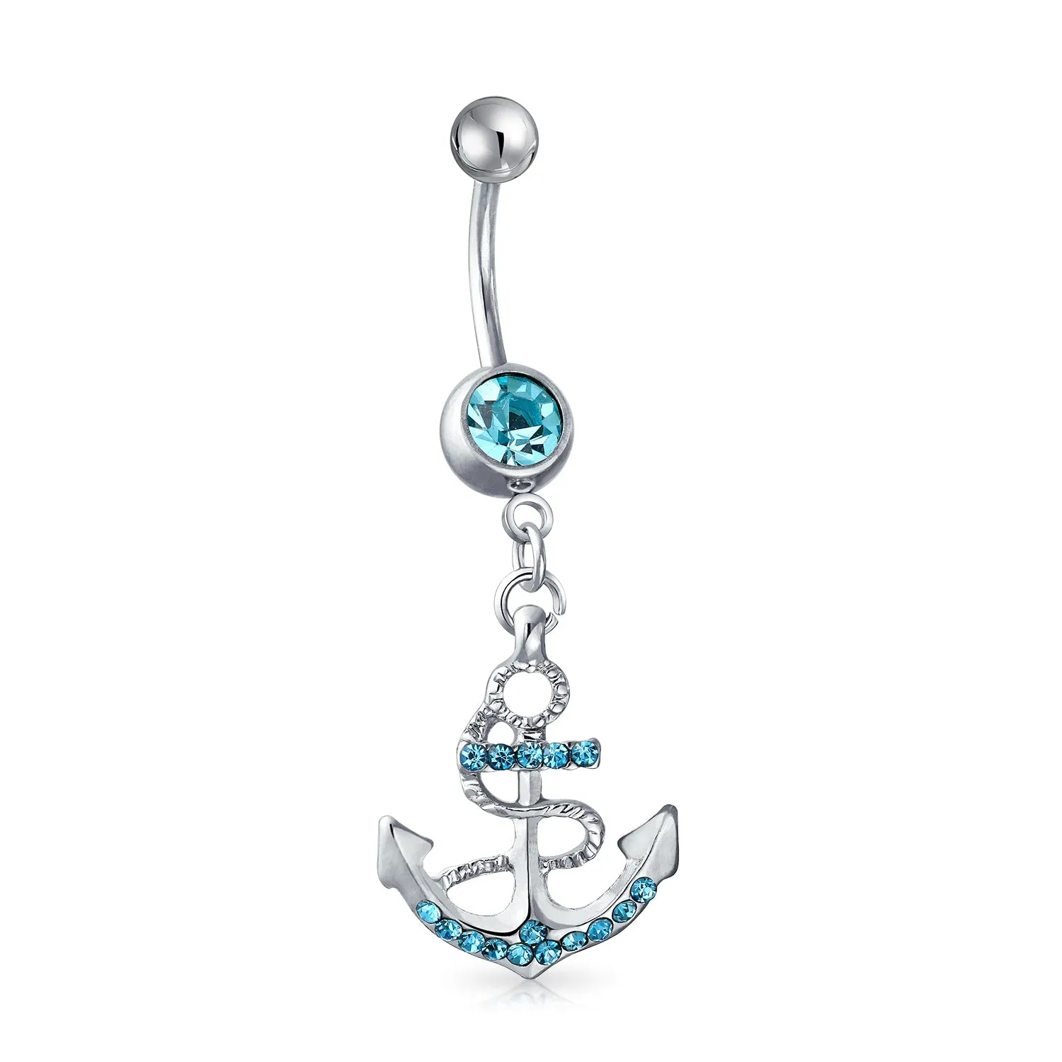 Nautical Anchor Belly Ring with Aqua Blue Crystal 316L Stainless Steel