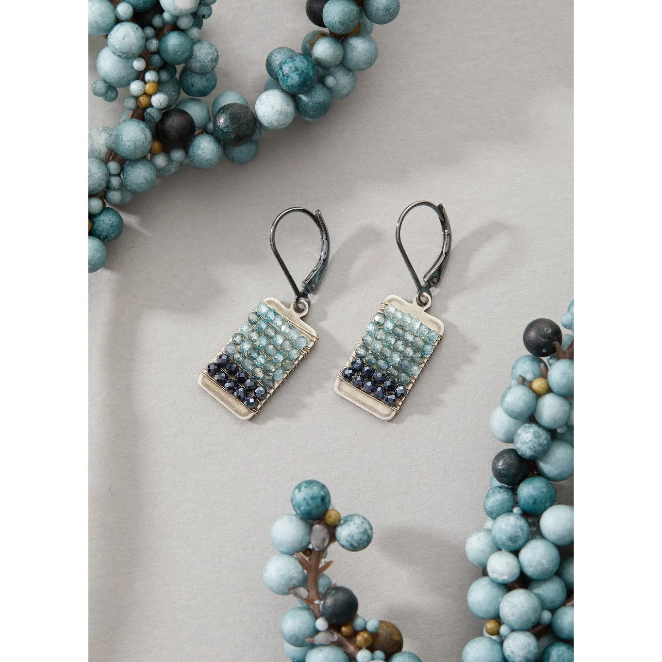 Ombre Beaded Tab Earrings 4990 with AustralIan and Dark Sapphires and Natural Blue Zircons by Michelle Pressler Jewelry