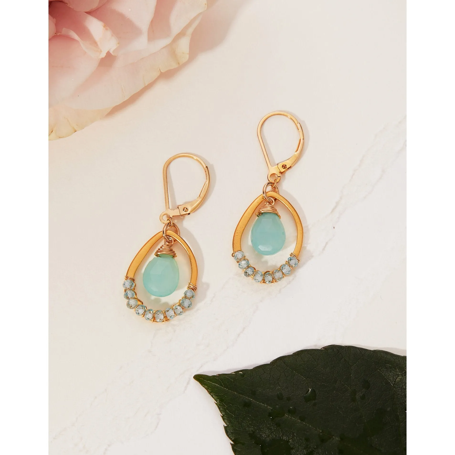 Organic Earrings 5180 with Aqua Chalcedony Drop and Natural Blue Zircons by Michelle Pressler Jewelry