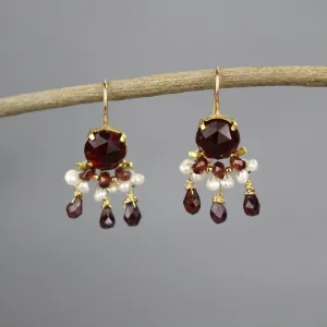 Pearl Garnet Fan Drop Earrings