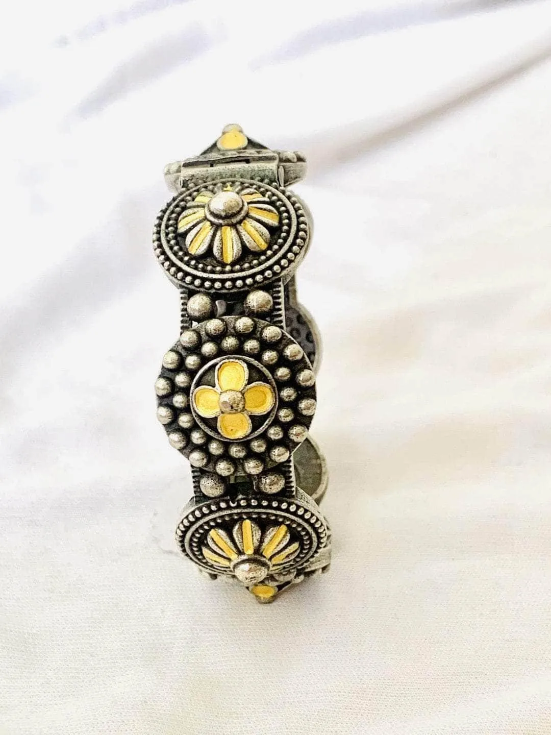 Pranutan Bahl In Oxidised Tribal Bangle With Flowers