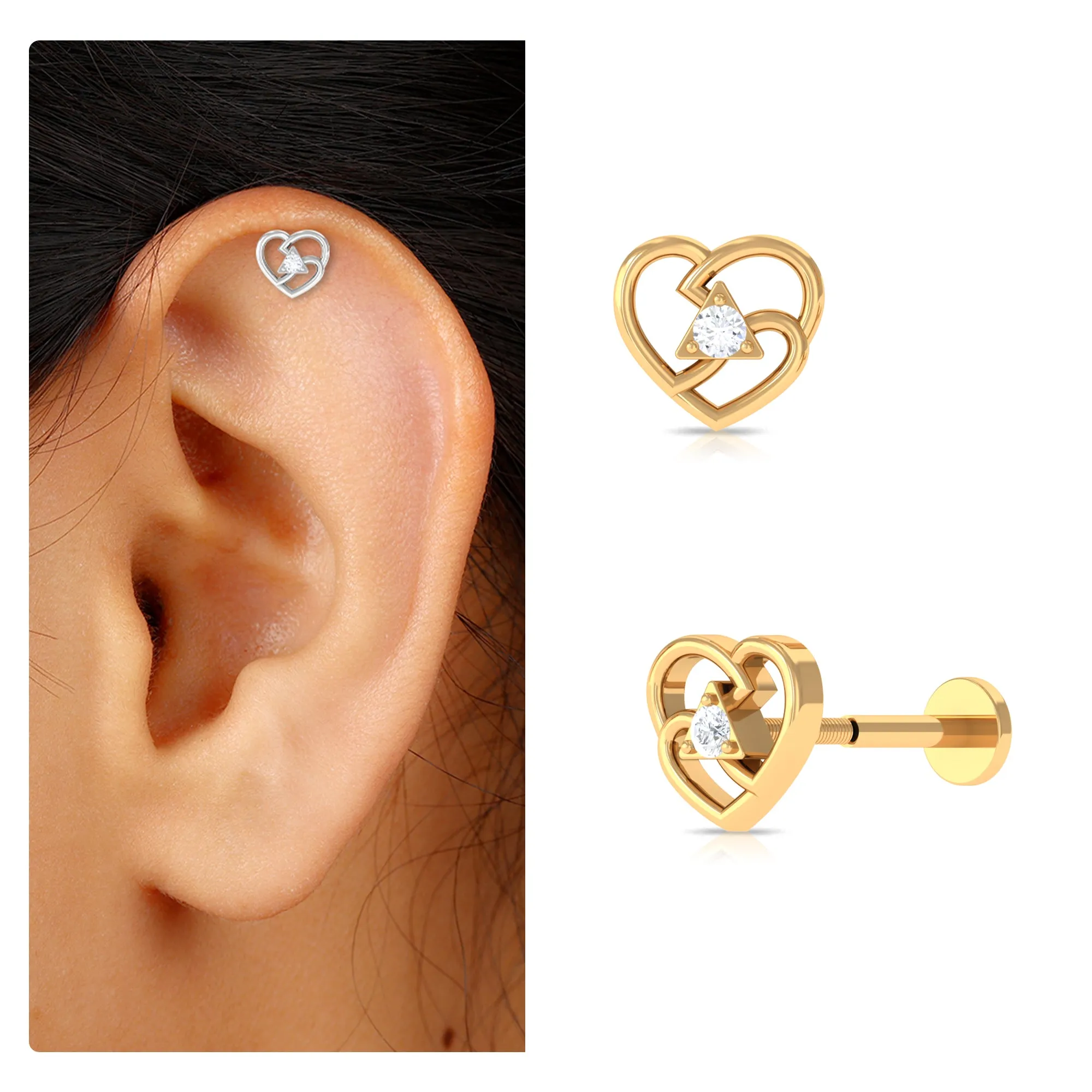 Real Diamond Unique Heart Earring for Upper Lobe Piercing