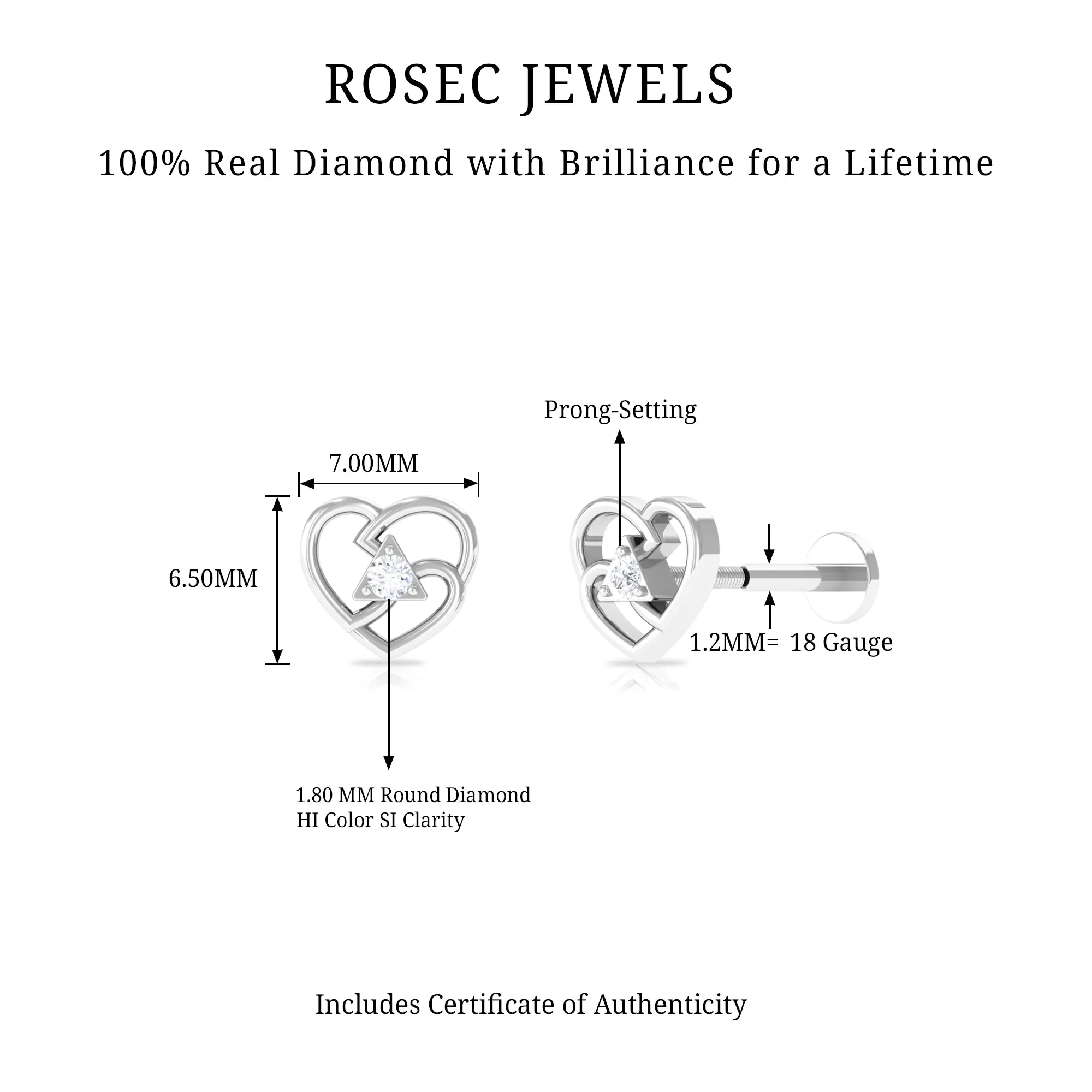 Real Diamond Unique Heart Earring for Upper Lobe Piercing