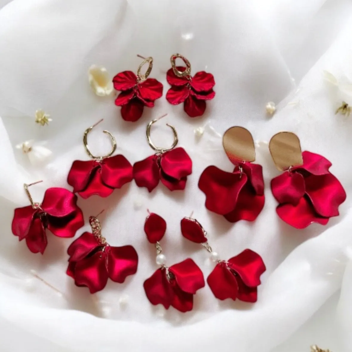 Red - Hot red flower earrings | iridescent dangle petals earrings | golden baroque floral earrings | unique bridal party wedding earrings