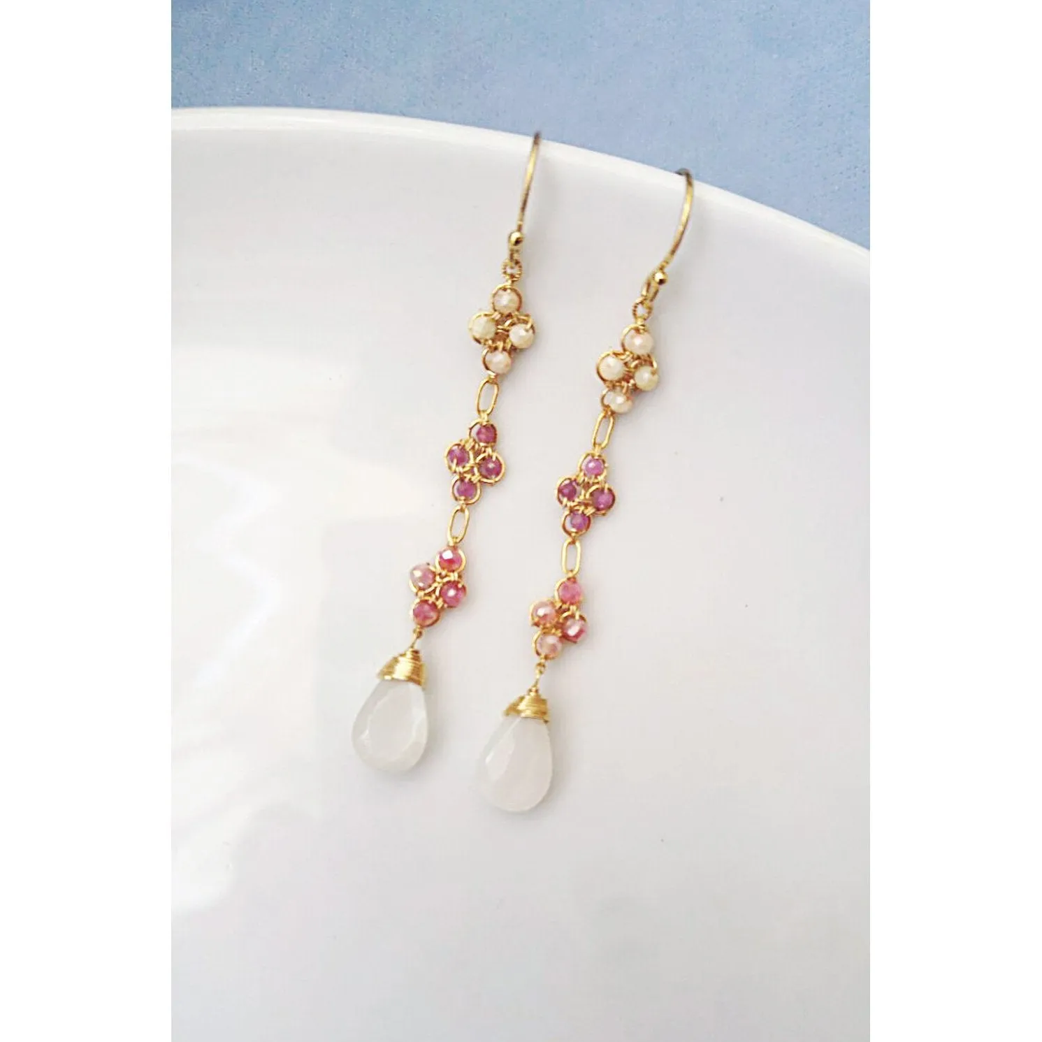 Rosey Mix Clover Earrings 4718 with Moonstone and Pink Sapphire by Michelle Pressler Jewelry