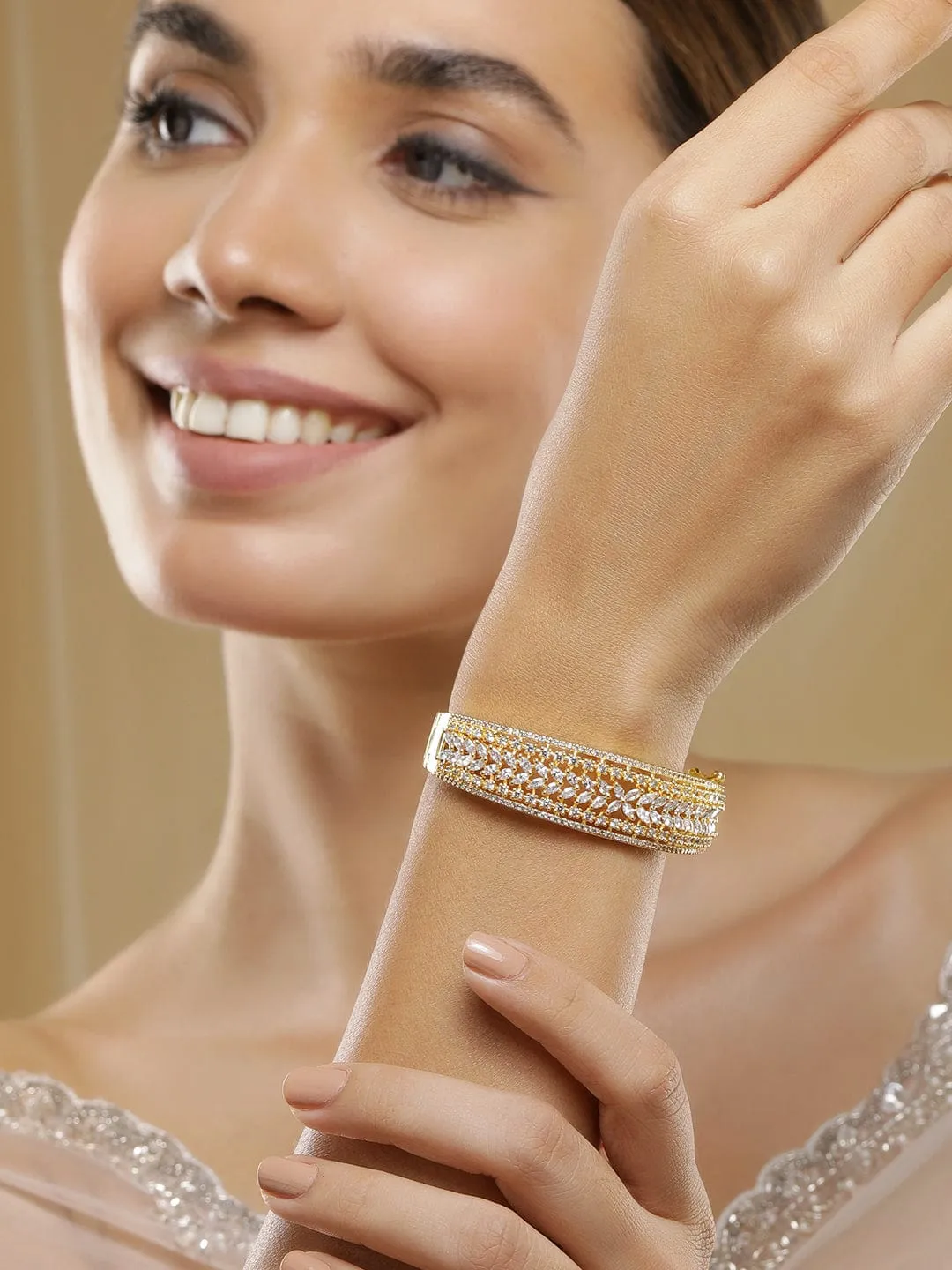 Rubans Gold-Plated Cubic Zirconia-Studded Bangle-Style Bracelet