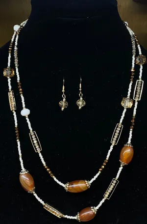 Rust Stones & Seed Bead Necklace Set w/ Earrings