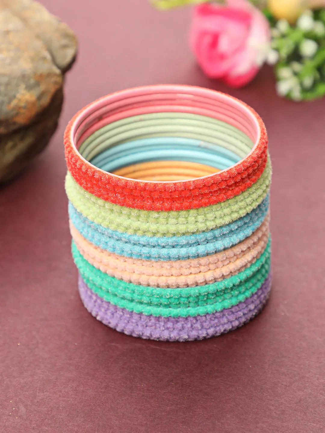 Set Of 24 Solid Handcrafted Bangles In Purple, Blue, Orange, Green, Red And Sea-Green