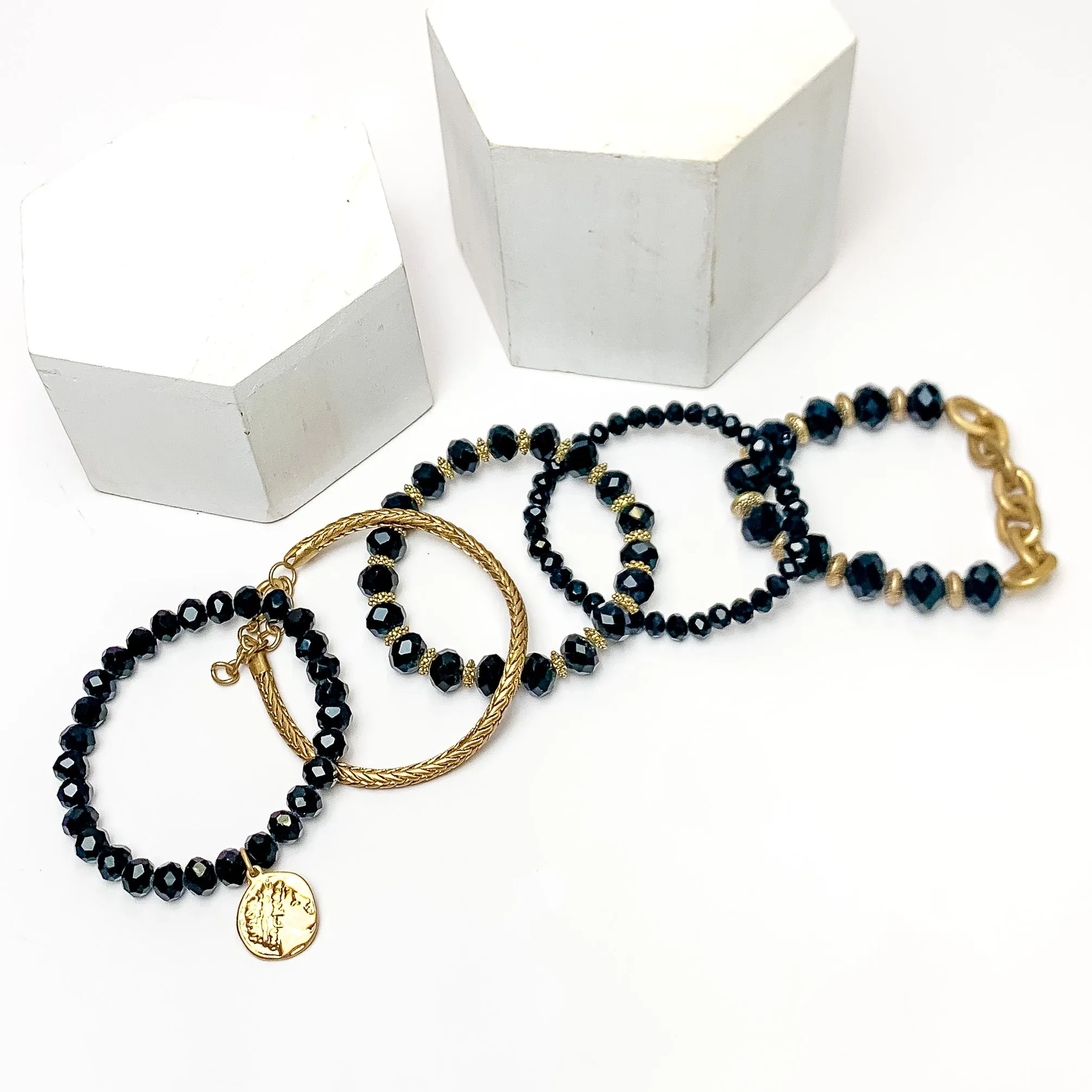 Set of Five | City Dreamer Gold Tone Bracelet Set in Black