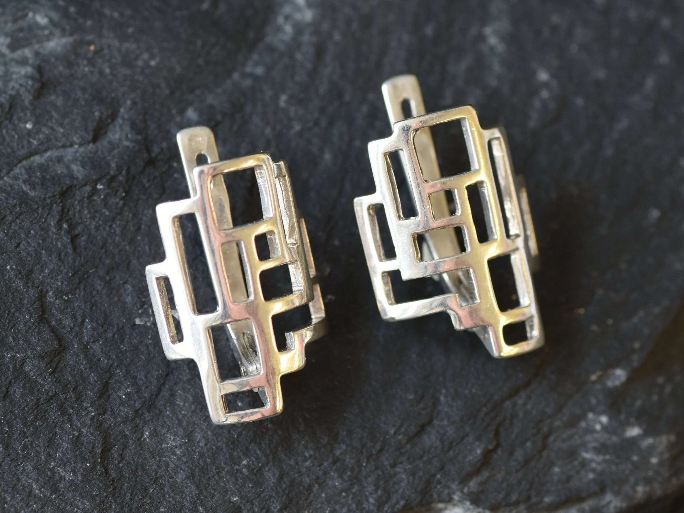 Silver Geometric Earrings -  Silver Artistic Earrings - Unique Silver Studs