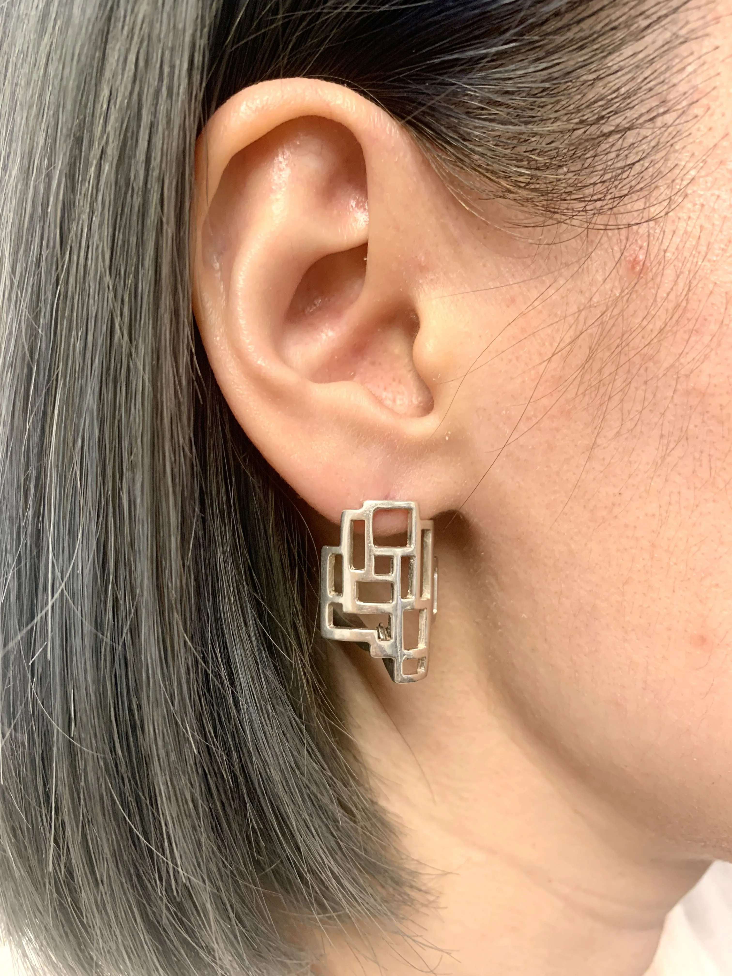 Silver Geometric Earrings -  Silver Artistic Earrings - Unique Silver Studs