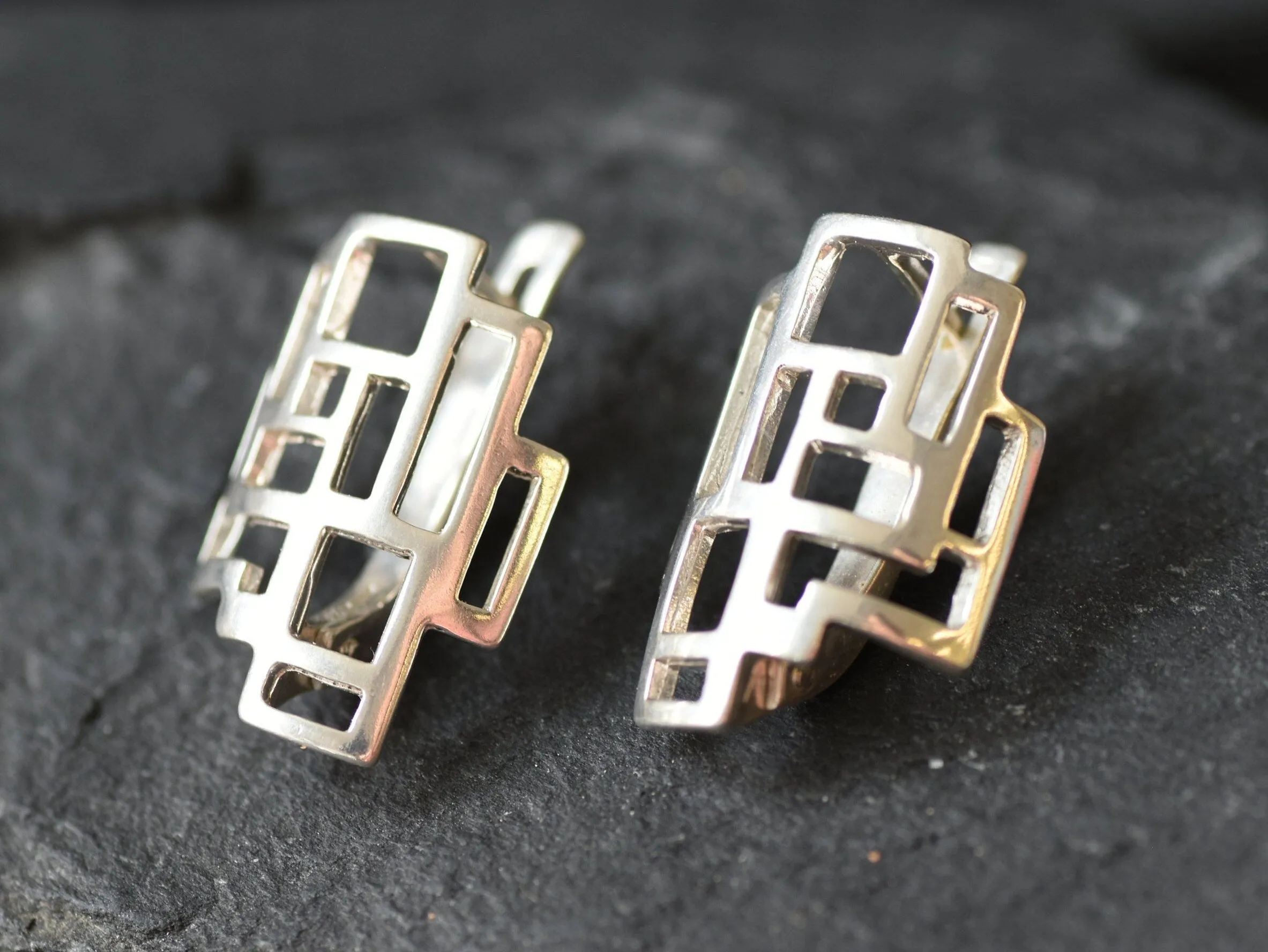 Silver Geometric Earrings -  Silver Artistic Earrings - Unique Silver Studs