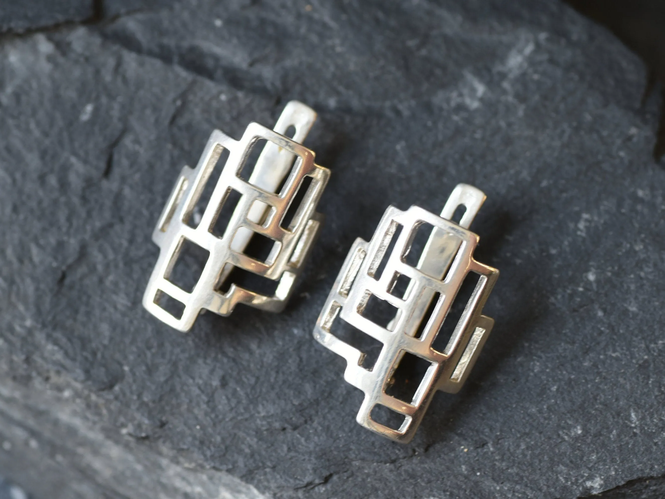 Silver Geometric Earrings -  Silver Artistic Earrings - Unique Silver Studs