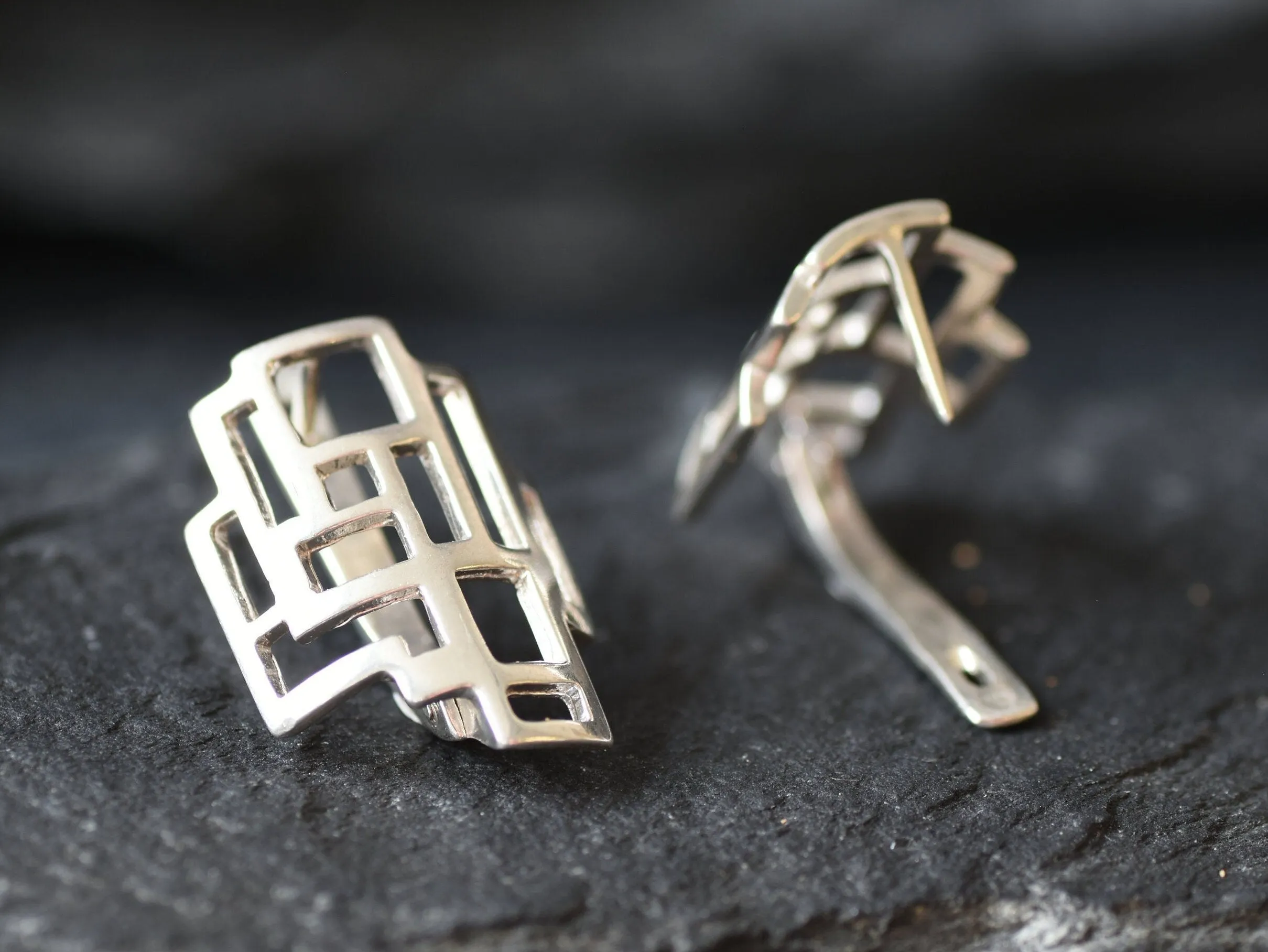 Silver Geometric Earrings -  Silver Artistic Earrings - Unique Silver Studs