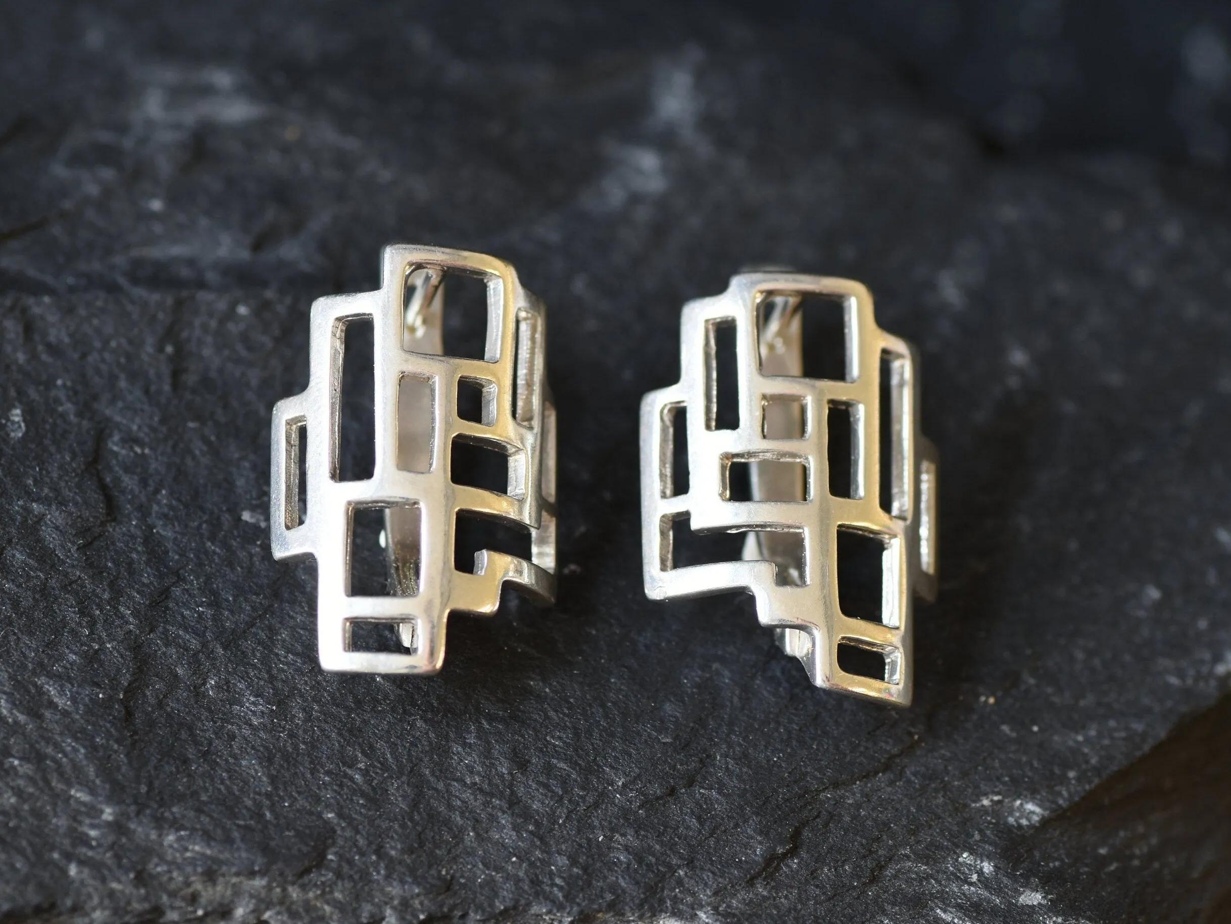 Silver Geometric Earrings -  Silver Artistic Earrings - Unique Silver Studs