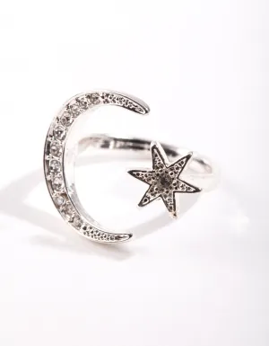 Silver Moon Star Open Ring