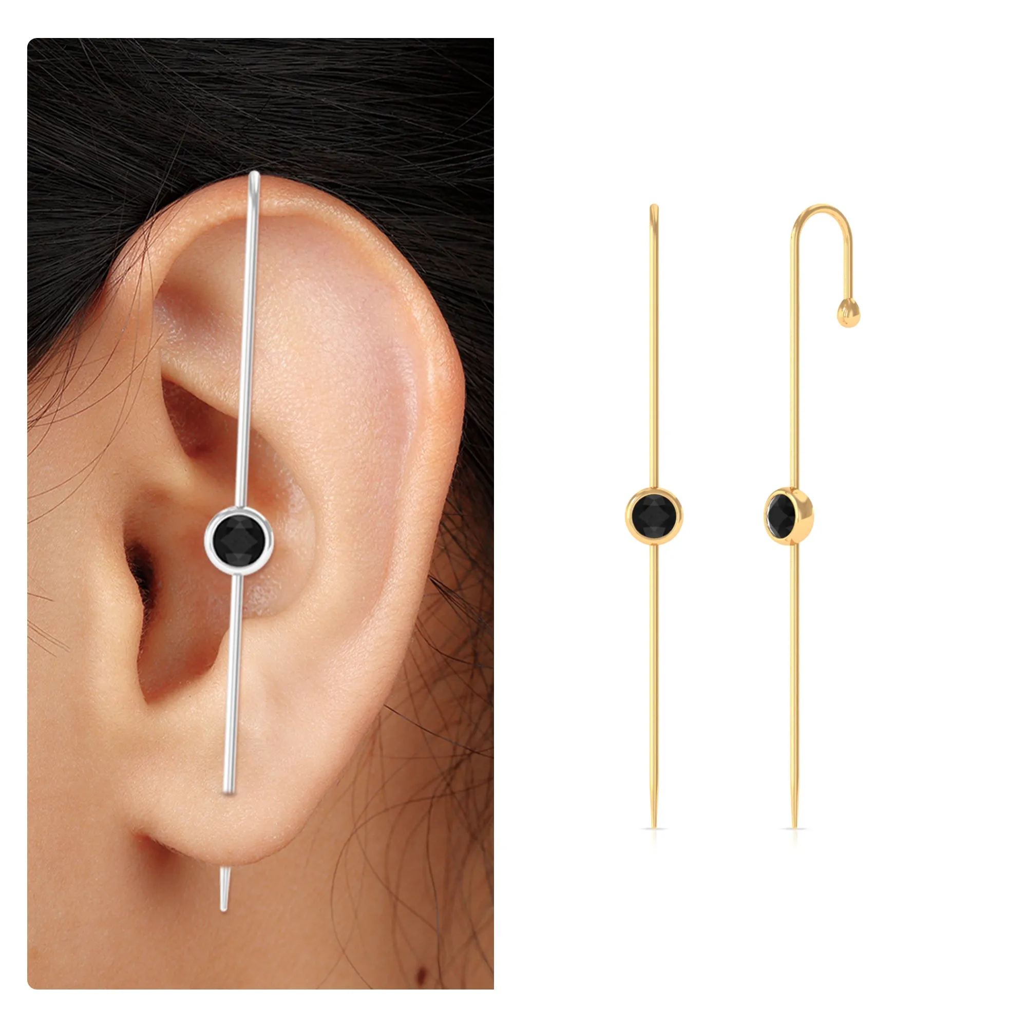 Simple Black Onyx Ear Pin Earring in Bezel Setting