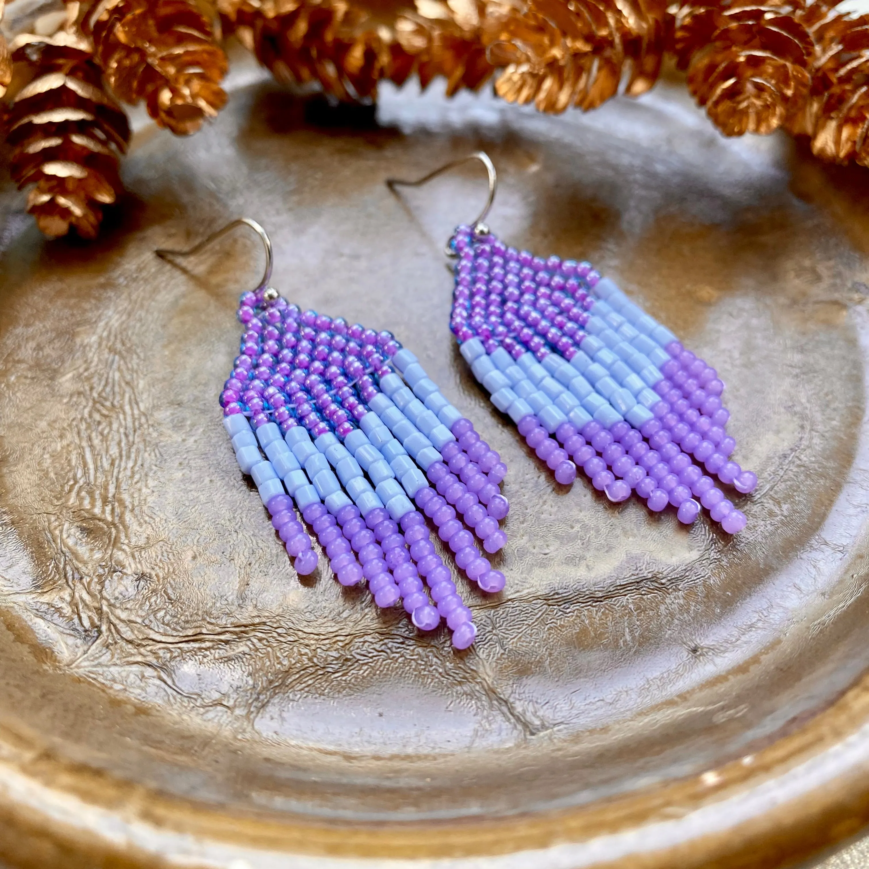 Small Fringe Purple Blue Seed Bead Earrings, Short Chandelier Earrings for Women, Unique cute earrings. Dainty Earrings in Boho Hippie style.