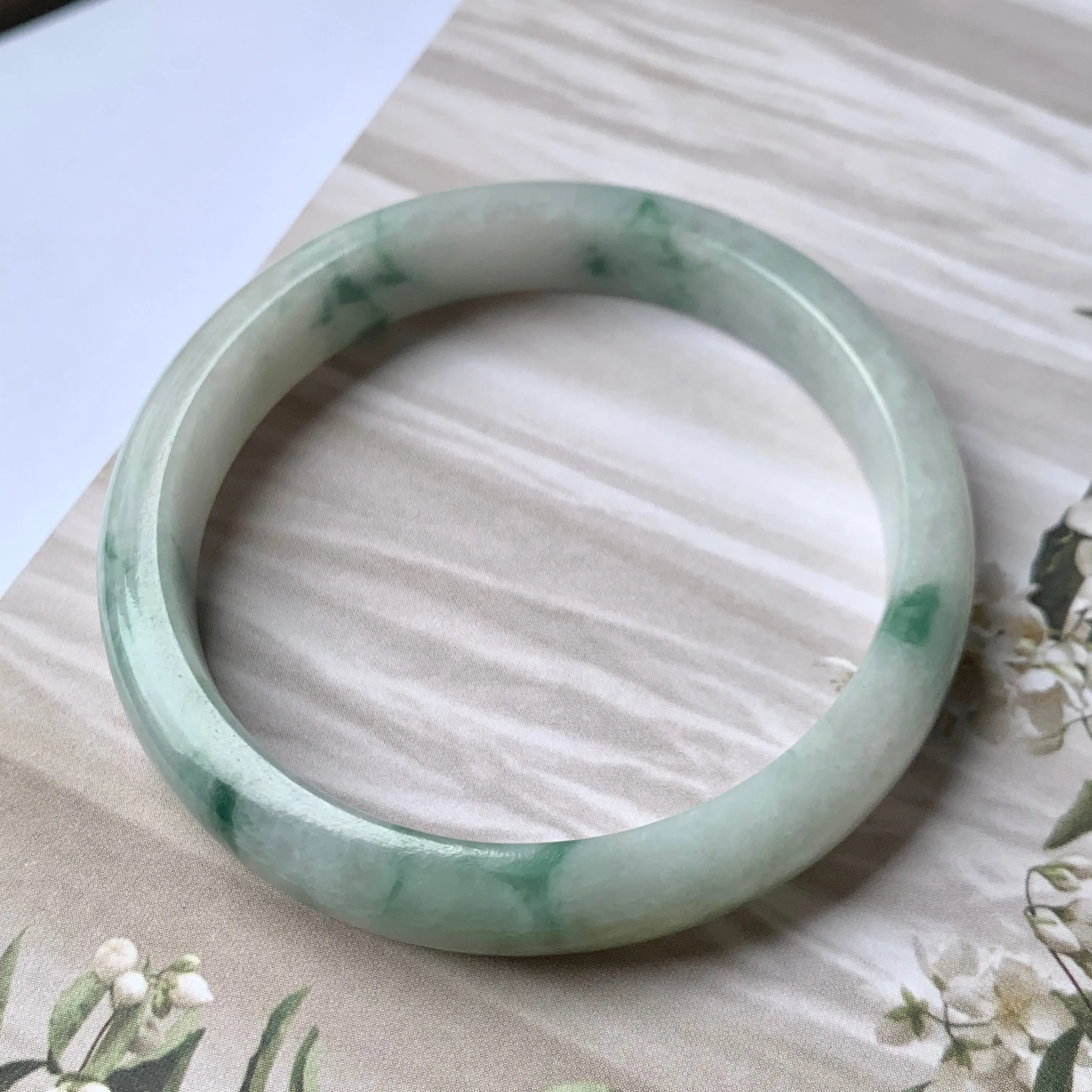 SOLD OUT: 53mm A-Grade Natural Floral Jadeite Modern Round Bangle No.151766