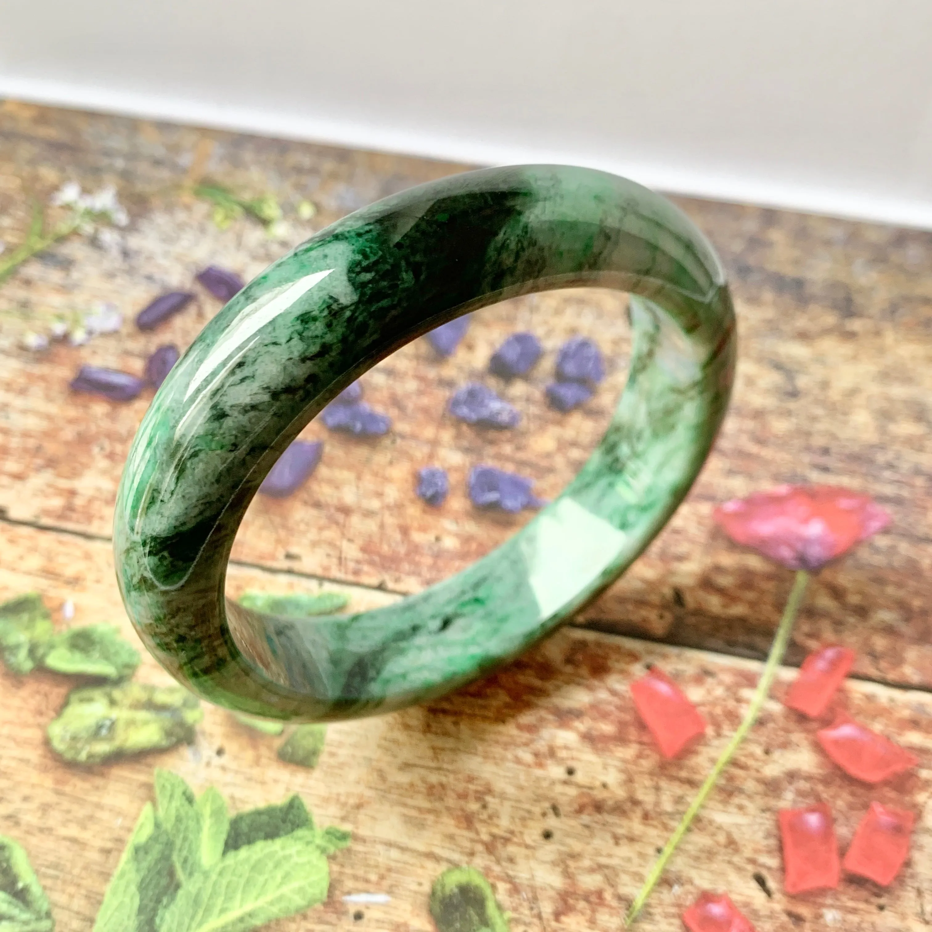 SOLD OUT: 59.1mm A-Grade Natural Floral Jadeite Modern Round Bangle No.151613