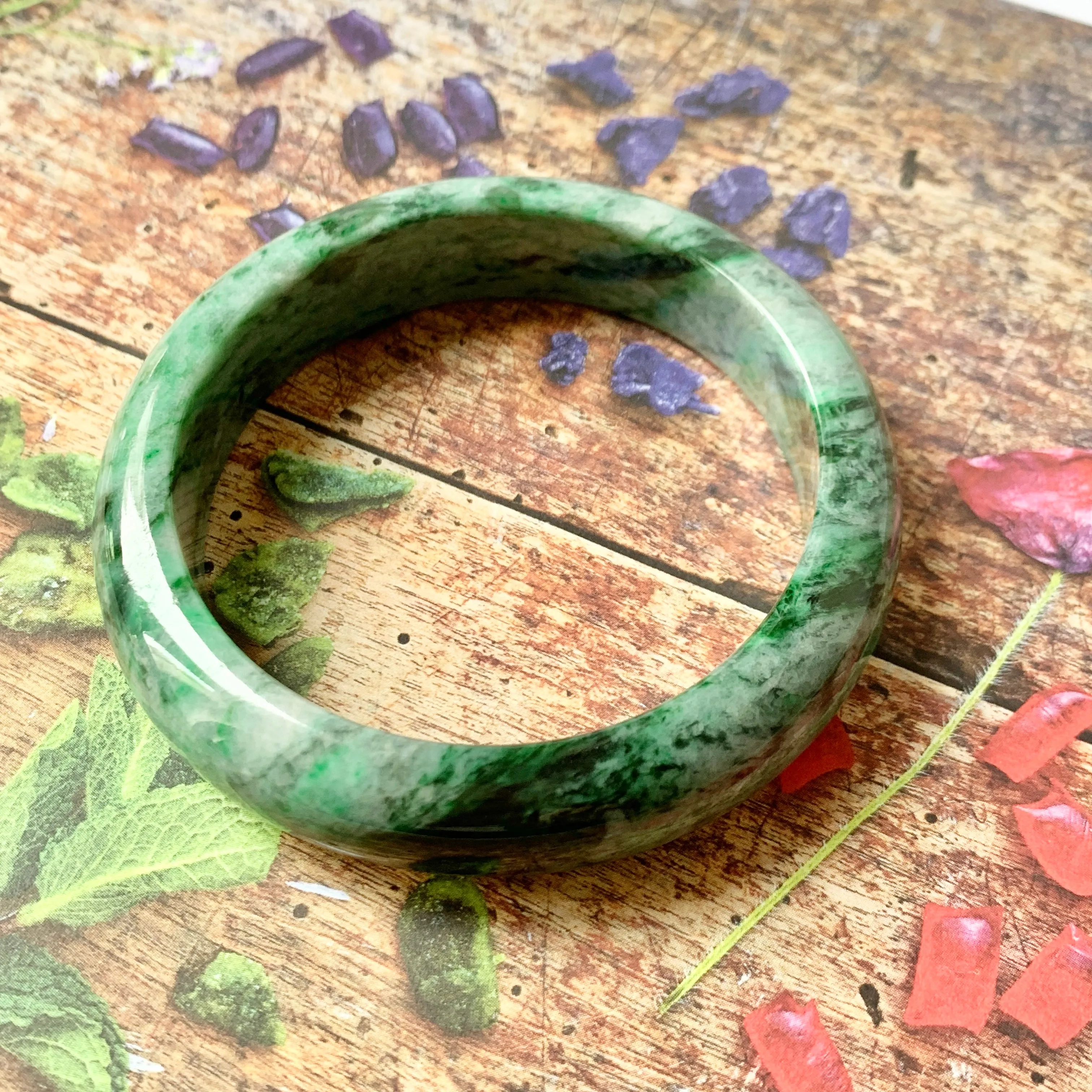 SOLD OUT: 59.1mm A-Grade Natural Floral Jadeite Modern Round Bangle No.151613