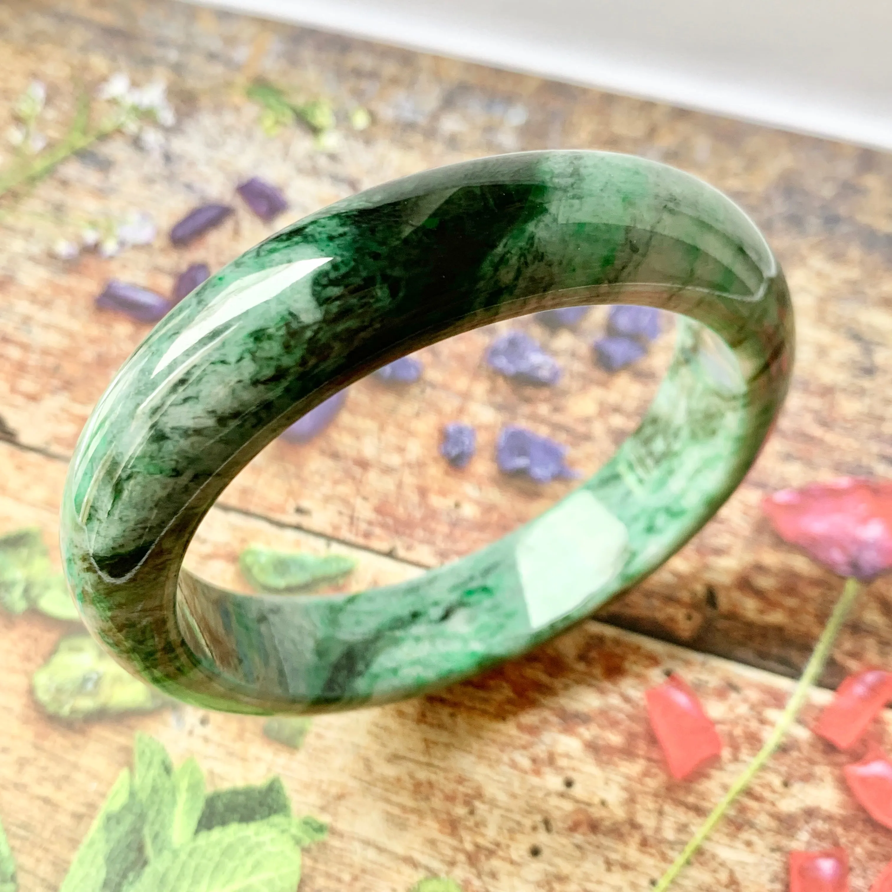 SOLD OUT: 59.1mm A-Grade Natural Floral Jadeite Modern Round Bangle No.151613